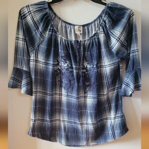 COMO VINTAGE Women's Blue plaid bell sleeve top. Size M.